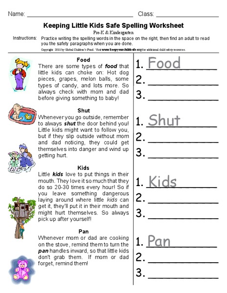 Keeping Little Kids Safe Spelling Worksheet Worksheet
