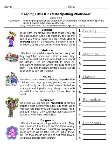 Keeping Little Kids Safe Spelling Worksheet Worksheet