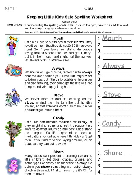 Keeping Little Kids Safe Spelling Worksheet Worksheet