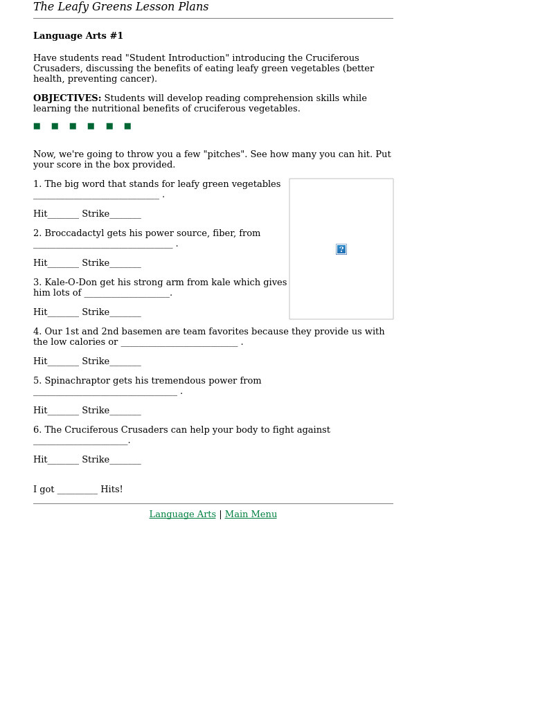 Language Arts #1 Cruciferous Crusaders Lesson Plan