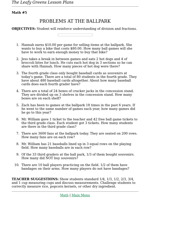 PROBLEMS AT THE BALLPARK Worksheet