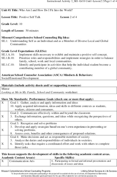 Positive Self Talk Lesson Plan