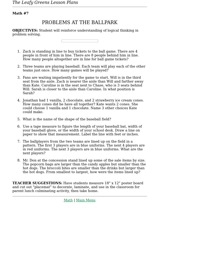 Problems at the Ballpark Lesson Plan