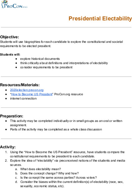 Presidential Electability Lesson Plan