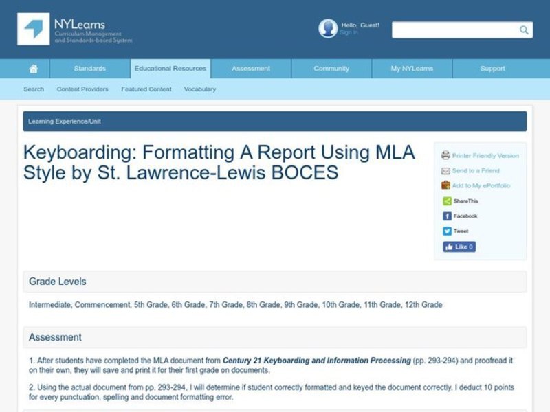 Keyboarding: Formatting A Report Using MLA Style Lesson Plan