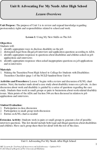 Advocating For My Needs After High School Unit Plan