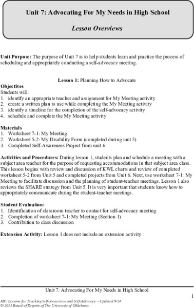 Advocating For My Needs in High School Unit Plan