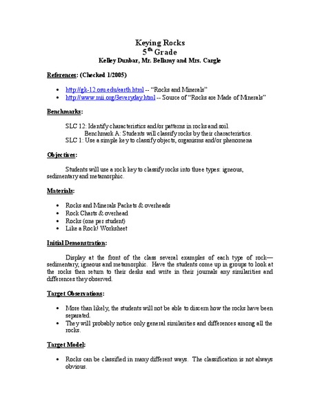 Keying Rocks Lesson Plan