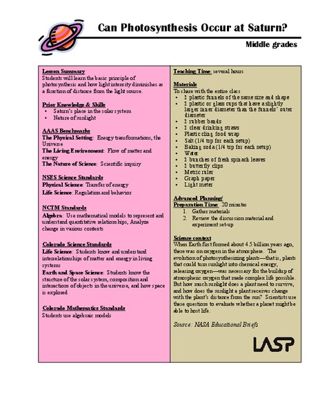Can Photosynthesis Occur at Saturn? Lesson Plan