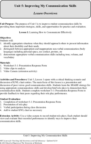 Improving My Communication Skills Unit Plan