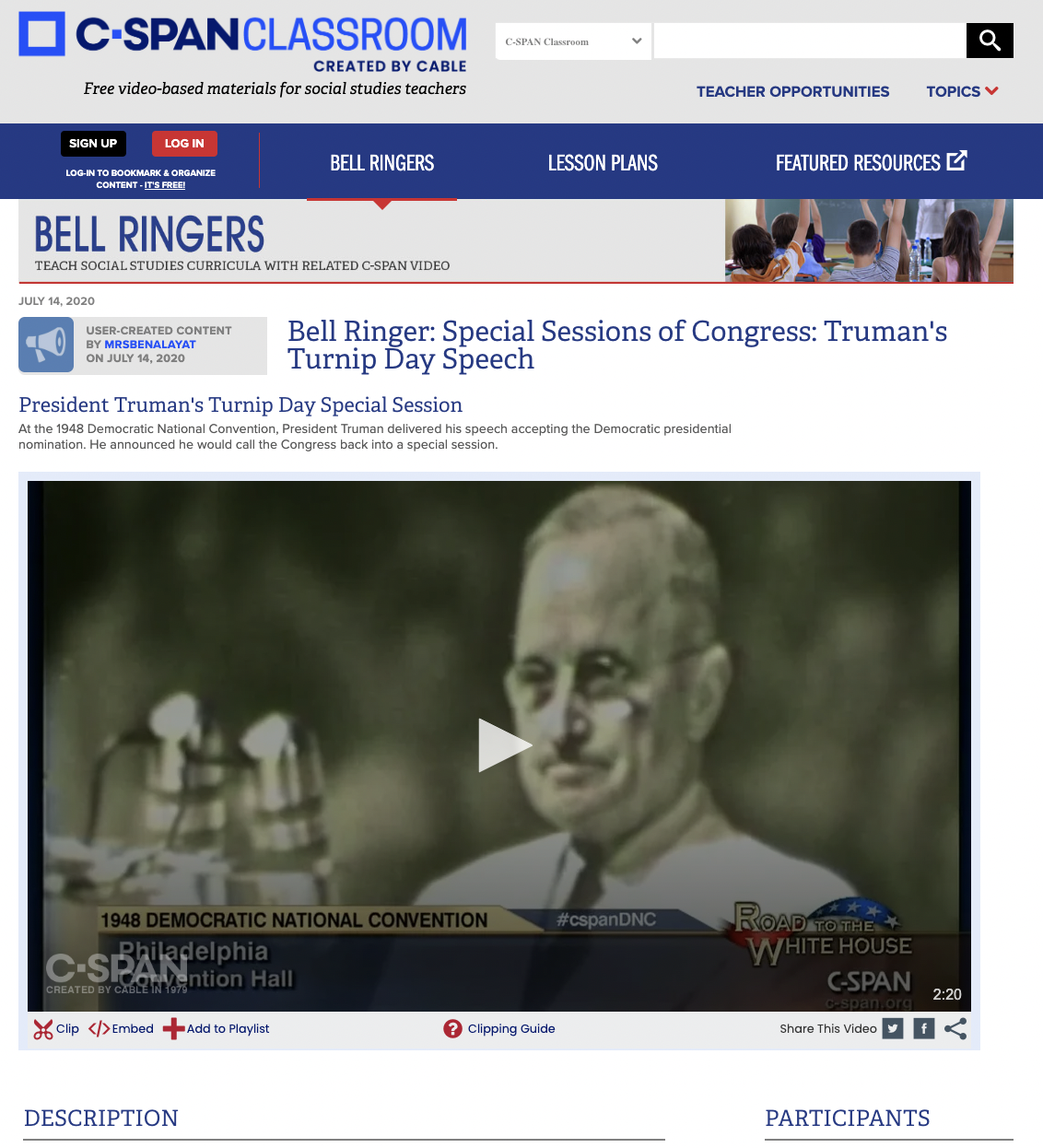 Bell Ringer: Special Sessions of Congress: Truman's Turnip Day Speech Instructional Video