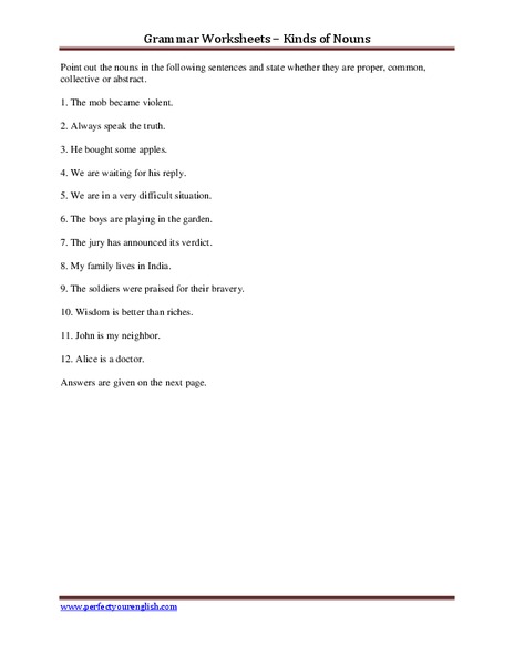 Kinds of Nouns Worksheet