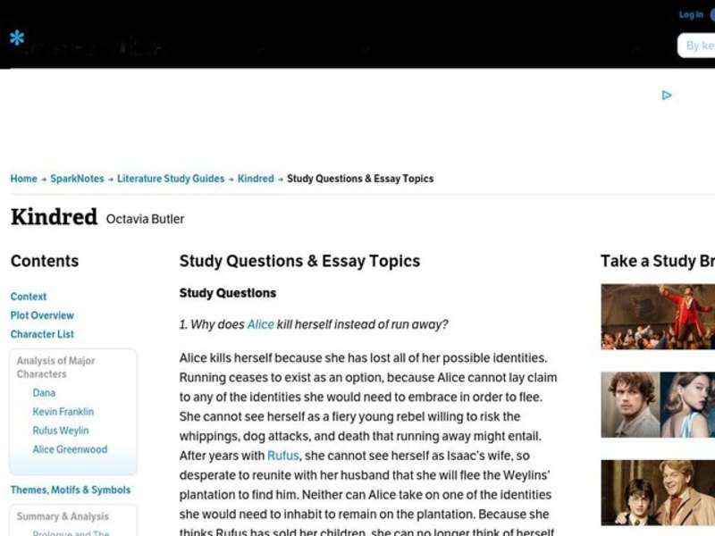 Kindred by Octavia Butler: Study Guide - Mini Essays Study Guide