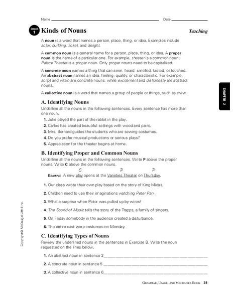 Kinds of Nouns Worksheet
