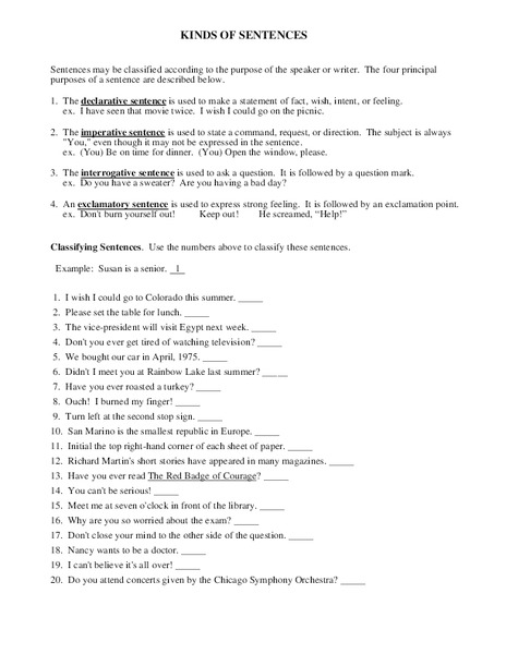 Kinds of Sentences  Worksheet