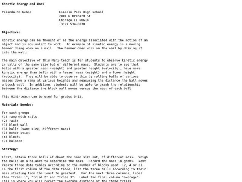 Kinetic Energy and Work Lesson Plan