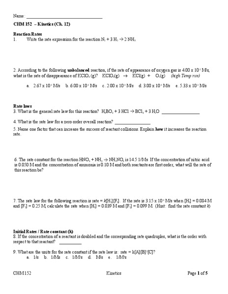 Kinetics Worksheet