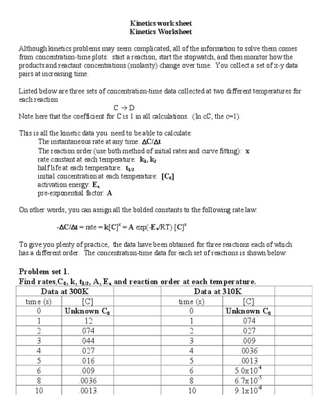 Kinetics Worksheet Worksheet