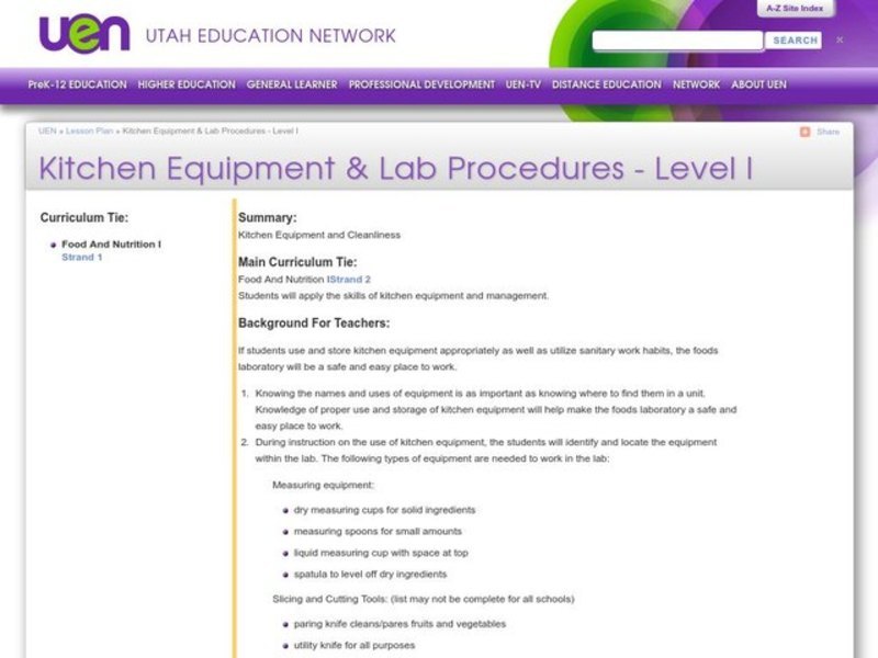 Kitchen Equip and Lab Procedures - Level I Lesson Plan
