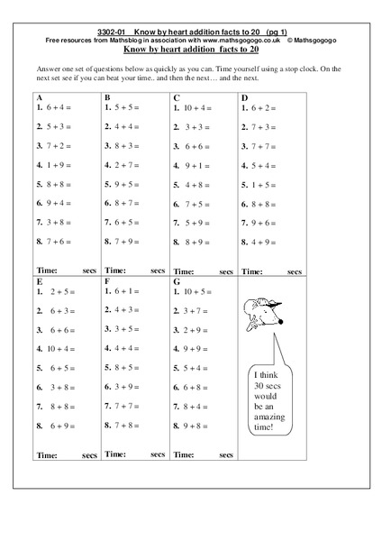 Know By Heart Addition Facts To 20 Worksheet