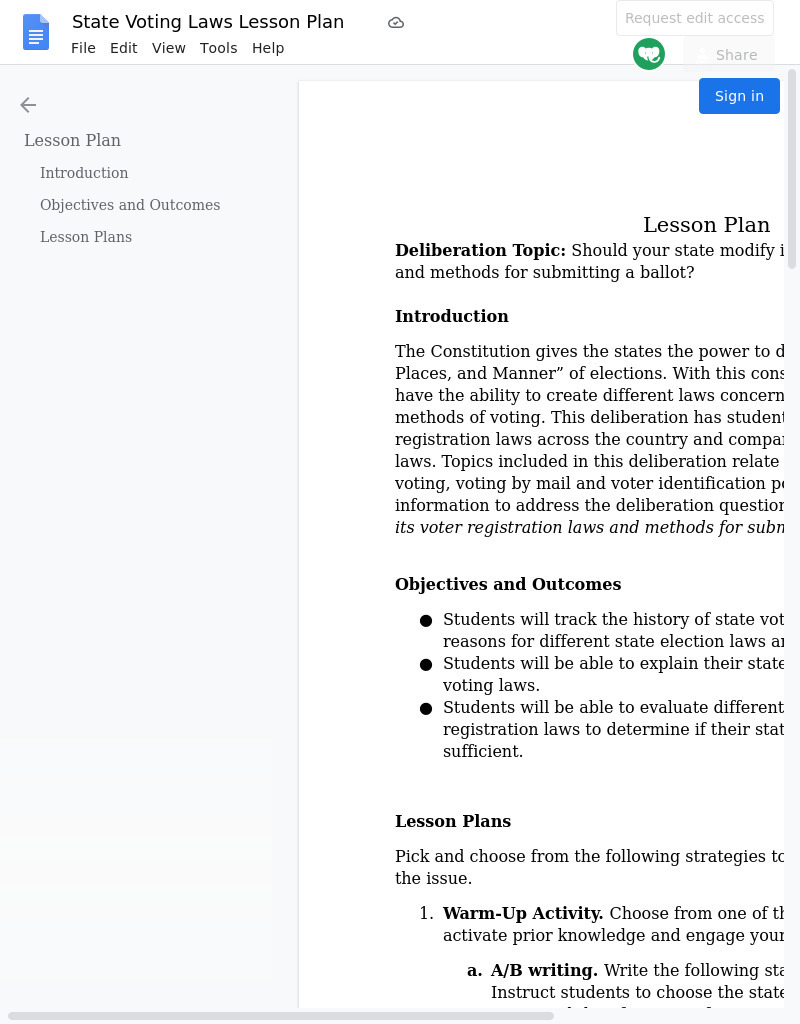 Should Your State Modify Its Voter Registration Laws and Methods for Submitting a Ballot? Lesson Plan