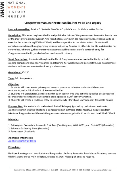 Congresswoman Jeannette Rankin Lesson Plan
