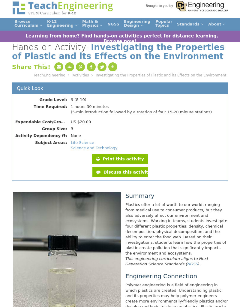 Investigating the Properties of Plastic and its Effects on the Environment Activity