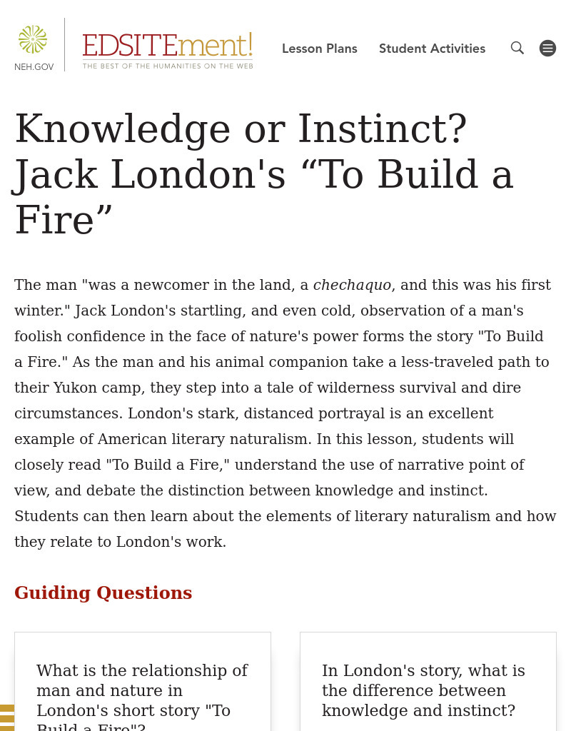 Knowledge or Instinct? Jack London's "To Build a Fire" Lesson Plan