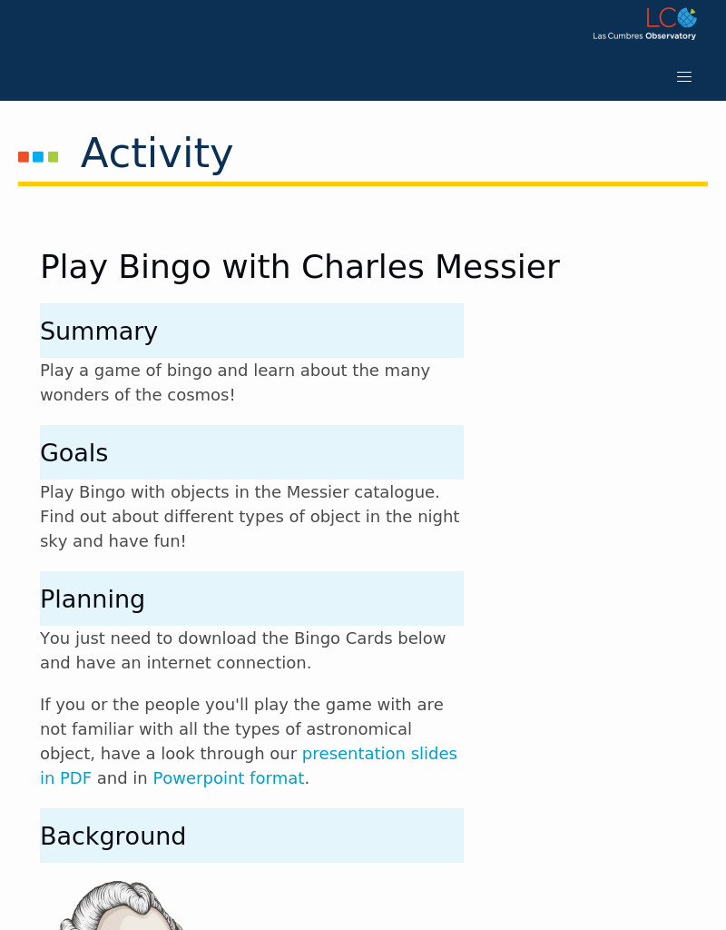 Play Bingo with Charles Messier Activity