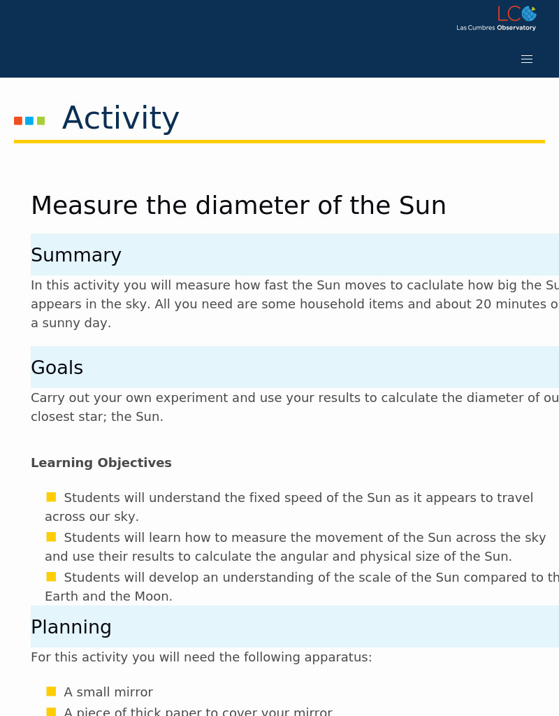 Measure the Diameter of the Sun Activity