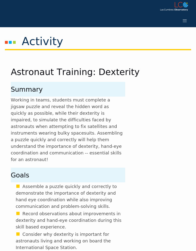 Astronaut Training: Dexterity Activity
