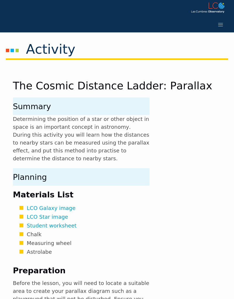 The Cosmic Distance Ladder: Parallax Lesson Plan
