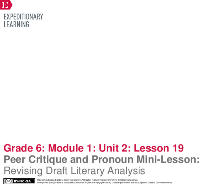 Peer Critique and Pronoun Mini-Lesson: Revising Draft Literary Analysis Lesson Plan
