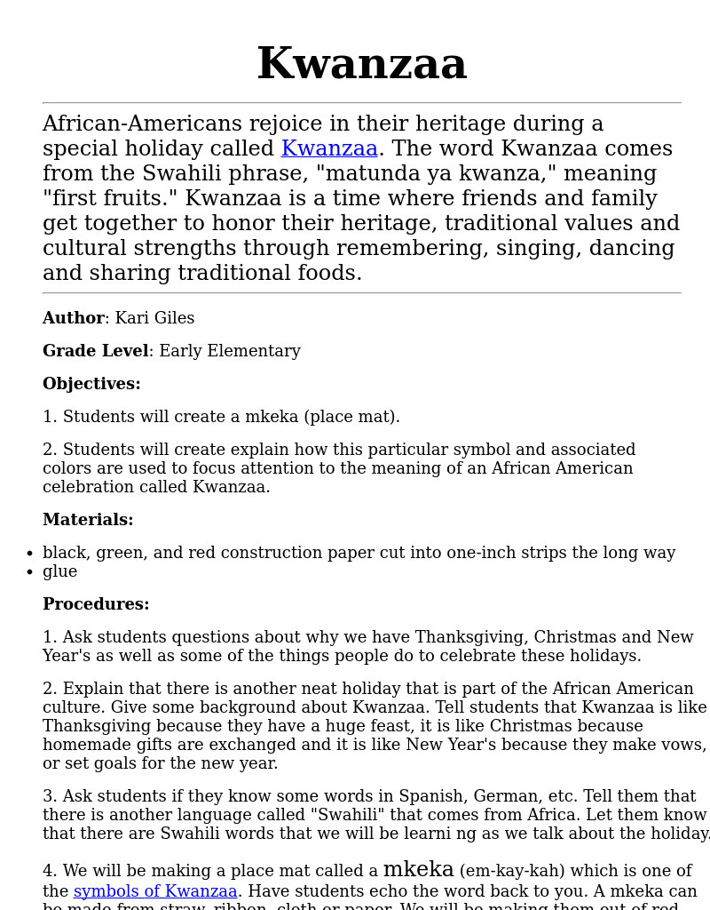 Kwanzaa Lesson Plan