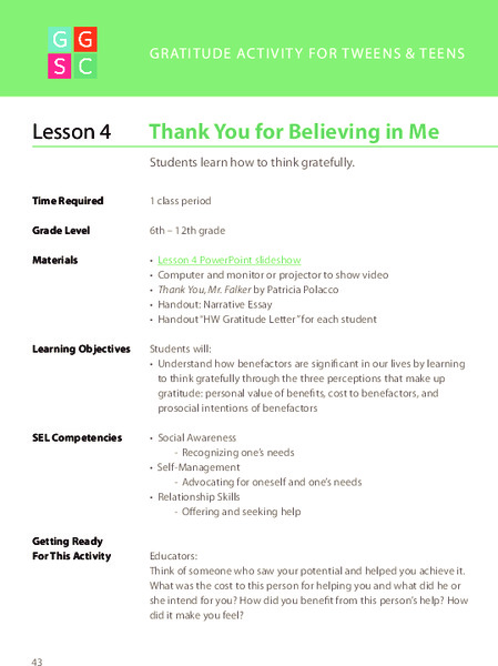 Thank You for Believing in Me Lesson Plan