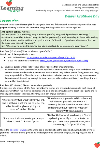 Deliver Gratitude Day Lesson Plan