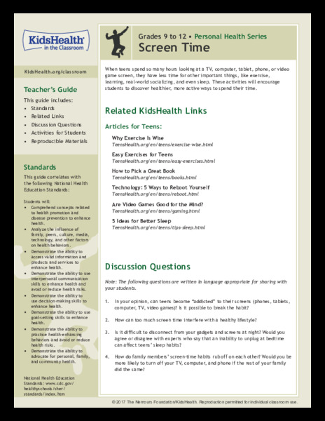 Screen Time: Grades 9-12 Lesson Plan