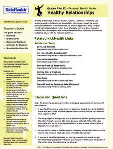 Teacher's Guide: Healthy Relationships (grades 9 to 12) Lesson Plan