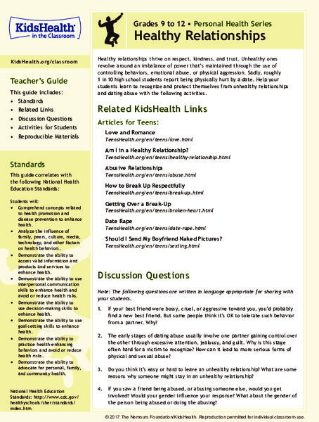 Teacher's Guide: Healthy Relationships (grades 9 to 12) Lesson Plan