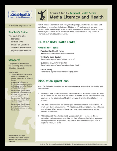 Media Literacy and Health: Grades 9-12 Lesson Plan