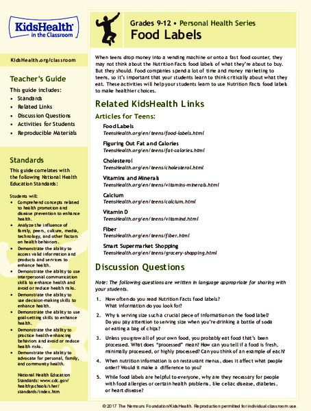 Food Labels: Grades 9-12 Lesson Plan