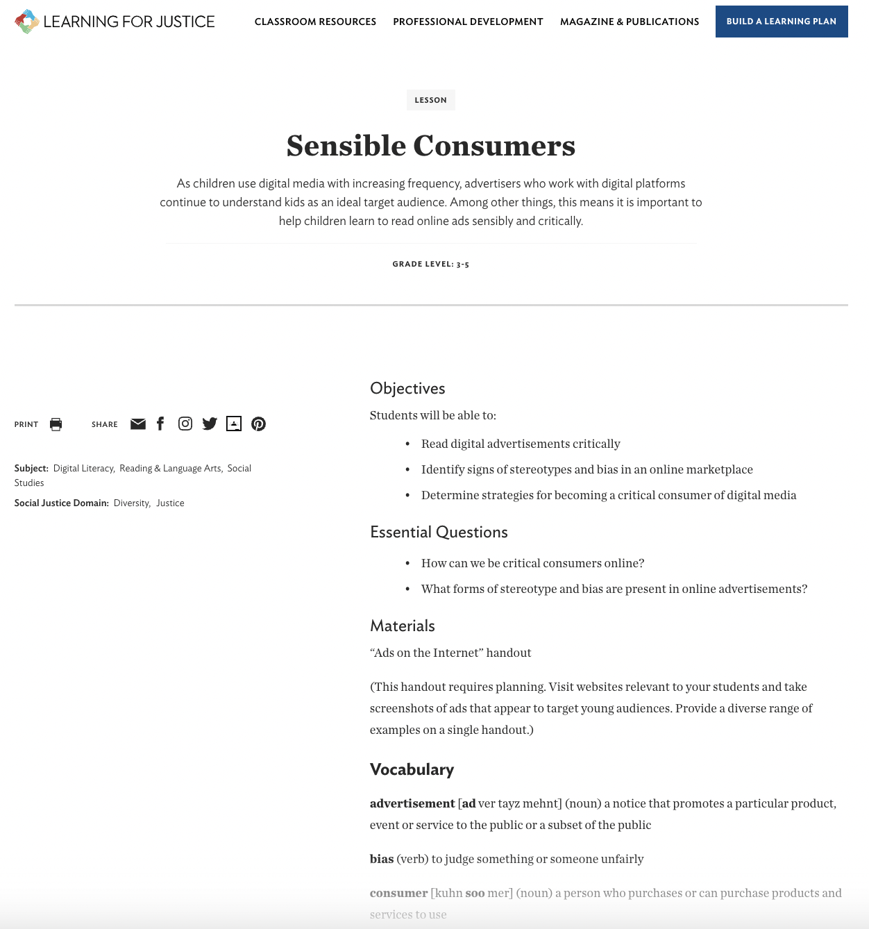 Sensible Consumers Lesson Plan