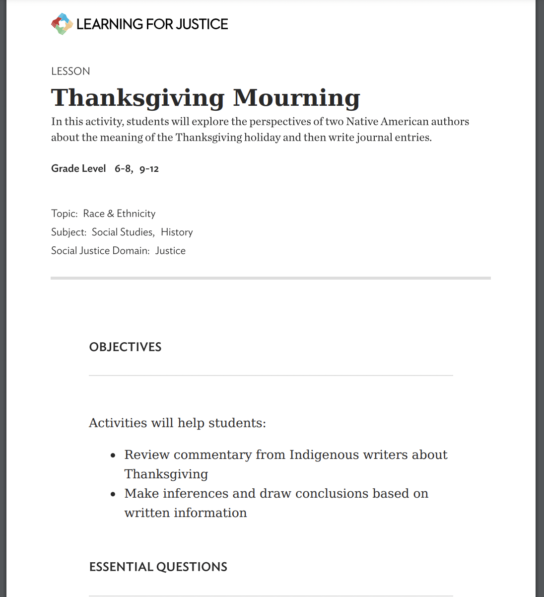 Thanksgiving Mourning Lesson Plan