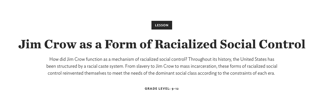 Jim Crow as a Form of Racialized Social Control Lesson Plan