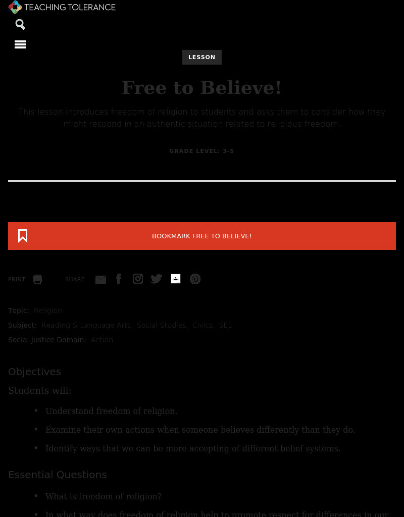 Free to Believe! Lesson Plan