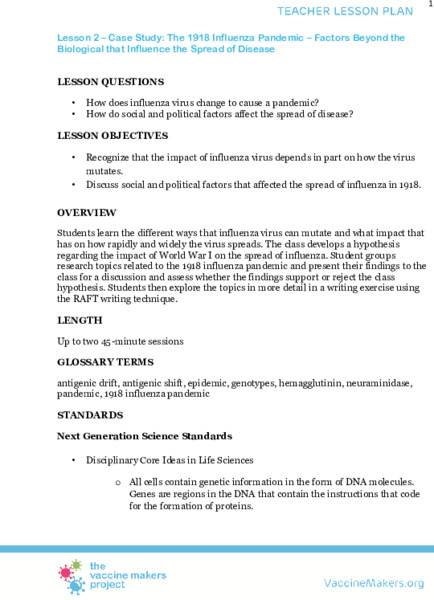 Case Study: The 1918 Influenza Pandemic – Factors Beyond the Biological that Influence the Spread of Disease Lesson Plan