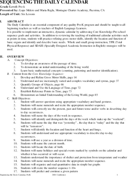 Sequencing the Daily Calendar Unit Plan