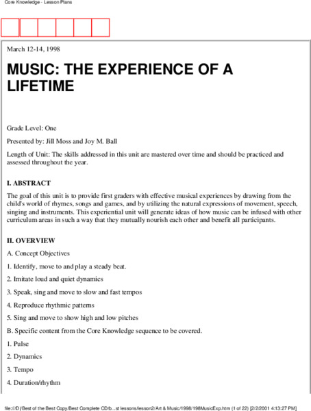 Music: The Experience of a Lifetime Unit Plan