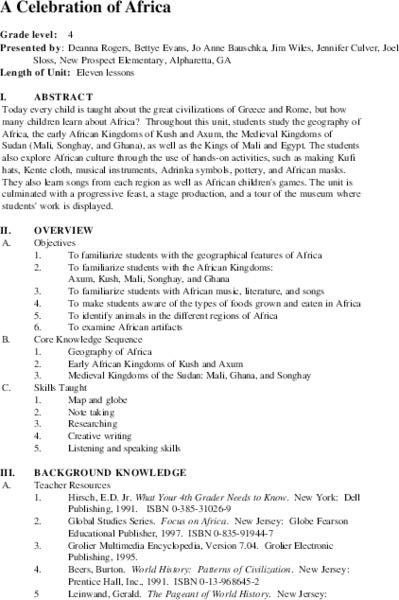 A Celebration of Africa Unit Plan