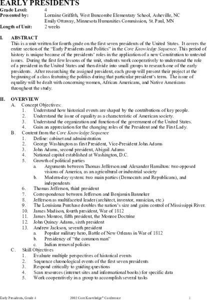 Early Presidents Unit Plan